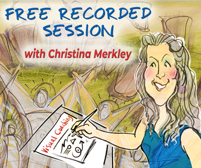 Free Recorded Session with Christina Merkley Banner has a charicature of Christina drawing at her tablet with a colourful yellows, golds and deep red background.