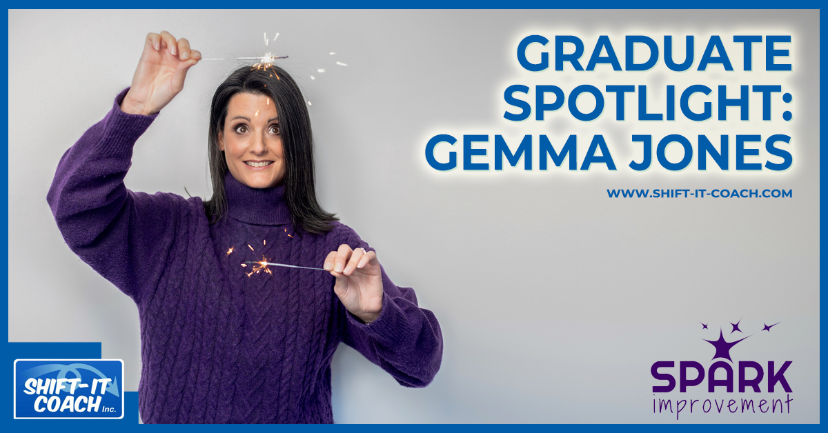 Gemma Jones in a purple cabled sweater holder sparklers over her head and in front of her for the Visual Coach Certification Graduate Spotlight