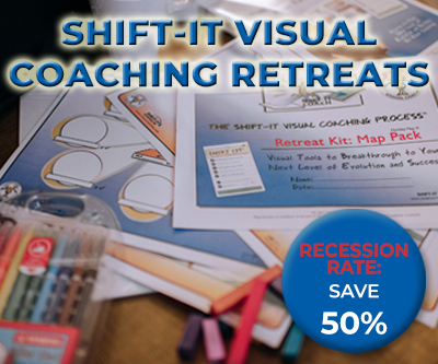 SHIFT-IT Visual Coaching Retreat across desk covered with visual maps and markers and a big blue dot for 50% off