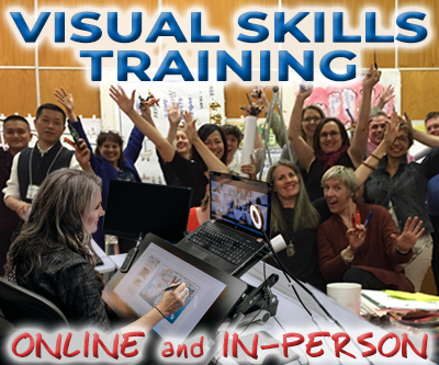 Visual Skills Training with Christina Merkley seated at her tablet and a class full of students raising their hands high.