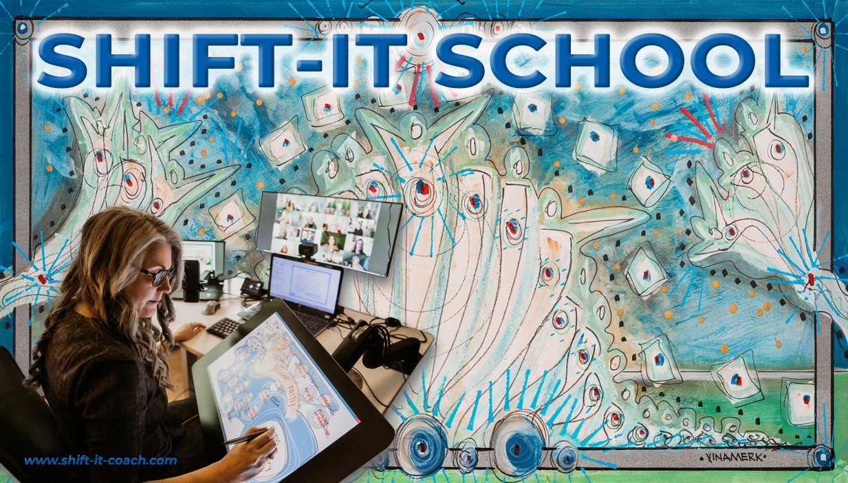 SHIFT-IT School courses banner shows Christina Merkley working with a group on a Zoom screen as she draws a visual map on the drawing tablet. Backdrop of her abstract art with turquoise, reds and creams.