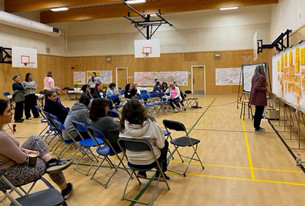 School gymnasium of students with Christina at the drawing board creating collective visual maps.