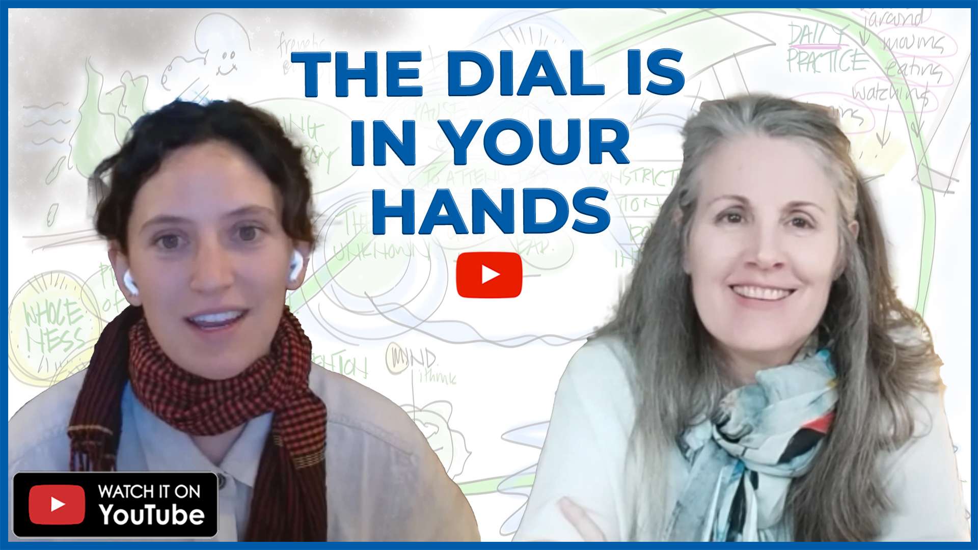 Christina Merkley with free visual coaching session with Hannah YouTube Cover has both of them smiling at the camera against a backdrop of Hannah's visual map: The Dial is in Your Hands