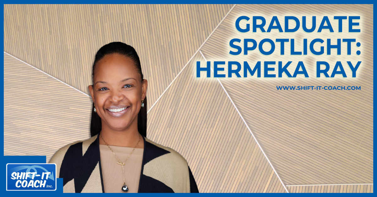 Visual Coach Spotlight on Hermeka Ray. Hermeka smiles out at the camera. A woman of color with long hair and a geometric sweater in taupe and black agains a geometric wood grain background.