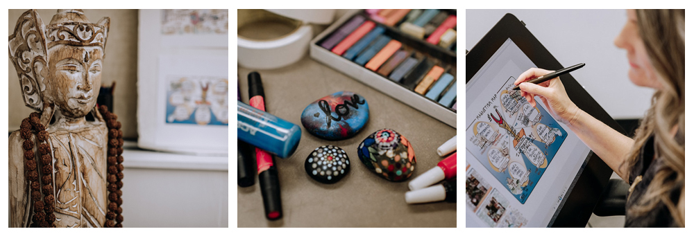 Trio of images: Wooden Buddha carving in front of visual maps, table top filled with painted rocks and markers, and Christina Merkley drawing on her tablet