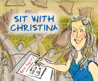 Cartoon of Christina Merkley at her tablet drawing a self inquiry for the free individual sessions - Sit with Christina