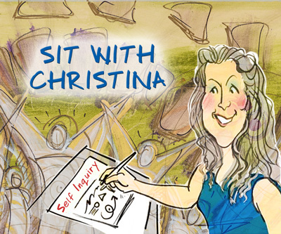 Cartoon of Christina Merkley at her tablet drawing a self inquiry for the free individual sessions - Sit with Christina